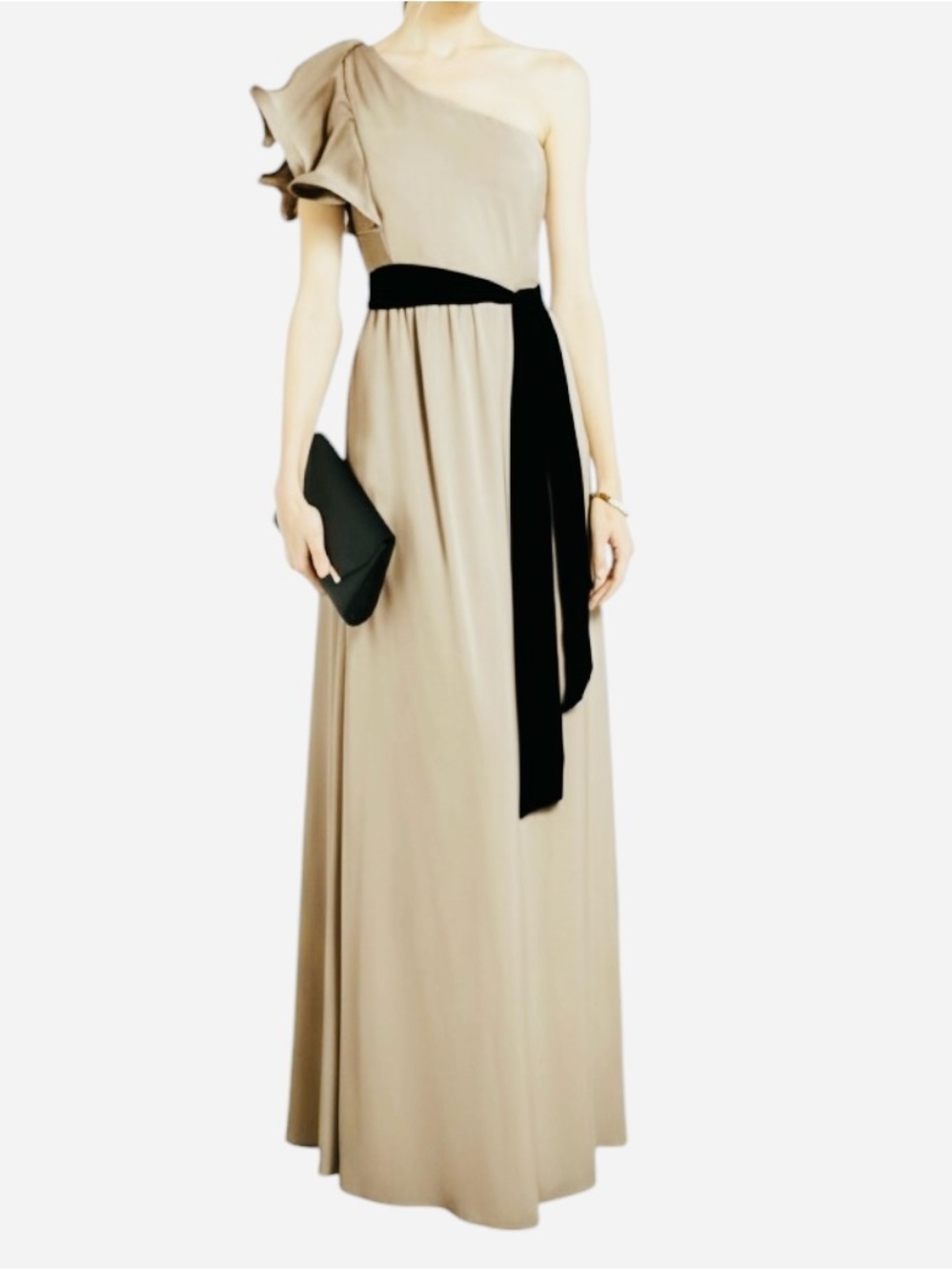 BCBGMAXAZRIA Champagne One Shoulder Ruffle Gown with Black Sash Size 2 NWT $298